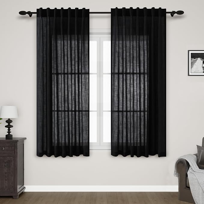 Black Linen Textured Curtains for Living Room 60 Inches Long 2 Panels Set Back by Nanspring