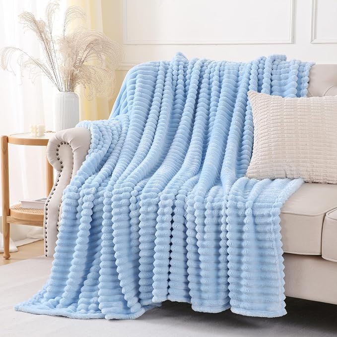 Light Blue Throw Blanket for Couch Sofa 50x70 inches Striped Design | Fleece - Image 2