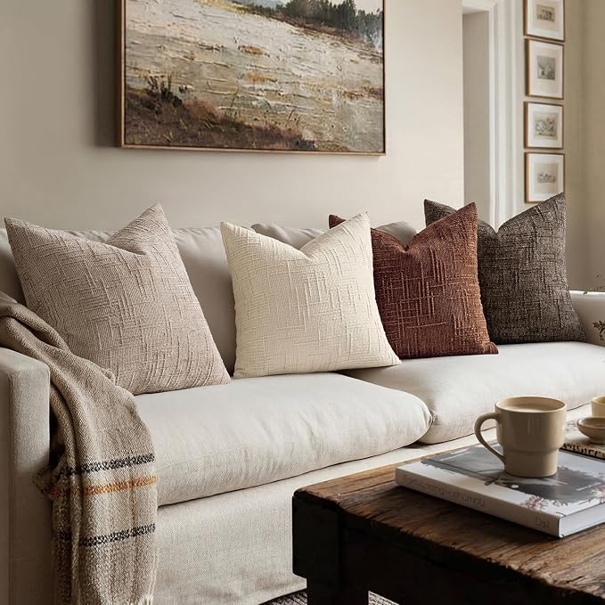MIULEE Chenille Textured Throw Pillow Covers Oatmeal 20x20 Set of 2 | Slubby - Image 6