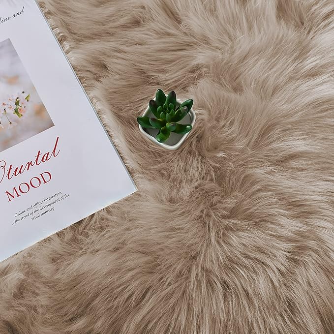 Latepis Round Rug 6.7ft Light Brown Beige Faux Fur Circle Rugs Washable Shag - Image 6
