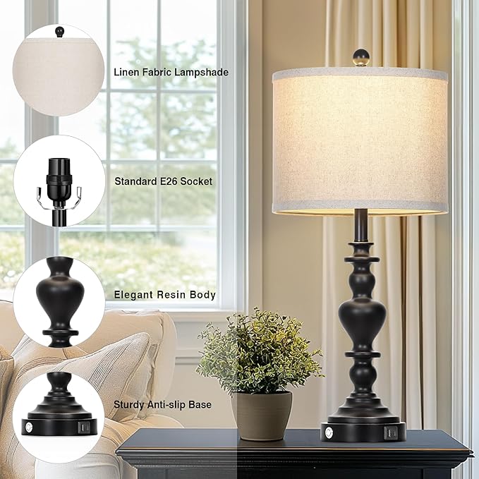 27" Farmhouse Vintage Lamps Set of 2 with USB C+A Charging Ports, Black Rustic Touch Control Table Lamp for Living Room, 3-Way Dimmable Traditional Nightstand Bedside Lamp Linen Washed for Bedroom