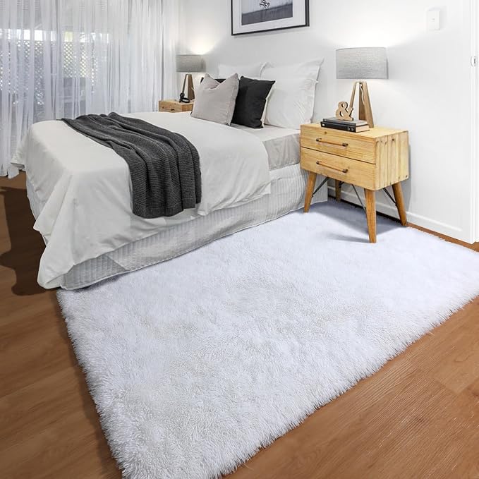 White Rugs for Bedroom, 3x5 Fluffy Shaggy Bedside Area Rug, Soft Plush Shag - Image 4