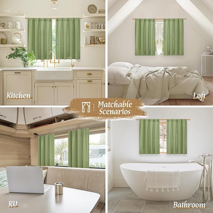 Sage Green Linen Curtains for Small Windows 45 Inch Length 2 Panels | Soft - Image 6