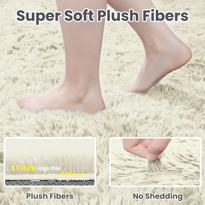 5x7 Fluffy Shag Area Rugs for Living Room Bedroom: Soft Carpet Cream White | - Image 5