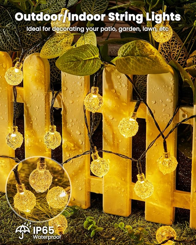 Solar String Lights Outdoor 60 LED 36FT with 8 Lighting Modes, Waterproof Solar Powered Crystal Globe Patio Lights for Garden Yard Porch Wedding Party Decor (Warm White)