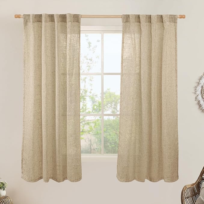 63 Inch Sheer Linen Window Curtains, Light Filtering Panels, Rod Pocket Back Tab by LAMIT