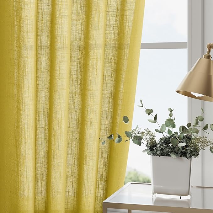 Celery Yellow Linen Curtains 90 Inches Long 2 Panel Set Back Tab Rod Pocket - Image 4