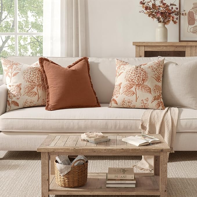 Set of 2 Decorative Floral Pillow Covers 20x20 Inch Autumn Orange | Neutral - Image 4