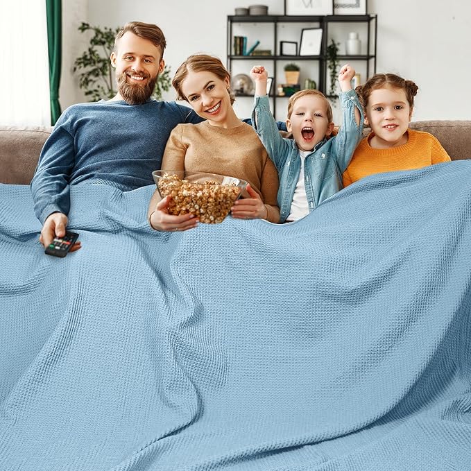PHF Pre-Washed Cotton Waffle Weave Family Blanket,Oversized King Size 120"x 120"-Snag Proof Lightweight Breathable, 10'x 10' Huge Extra Large Big-Elegant Aesthetic Home Decoration Gift,Dusty Blue