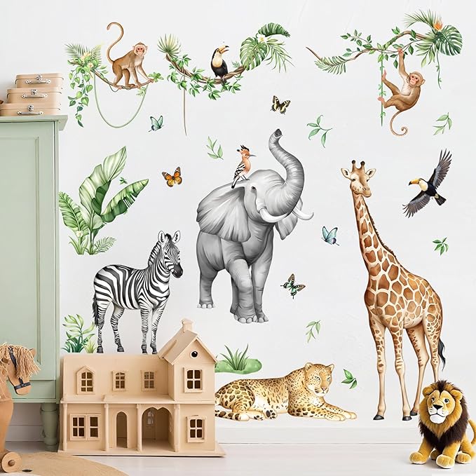 Jungle Safari Animal Wall Decals for Kids Room - Wildlife Wall Stickers Giraffe Elephant Leopard Zebra Monkey Removable Vinyl Nursery Decor for Baby Toddlers Classroom Playroom Wall Decor