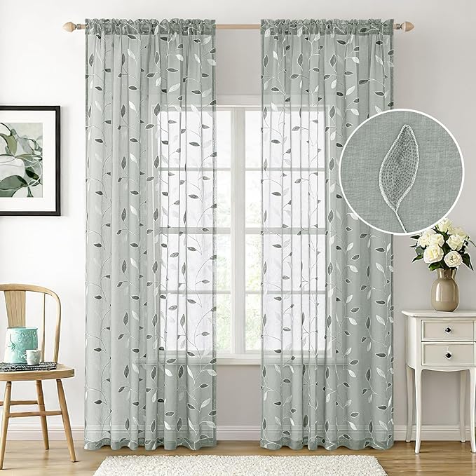 MIULEE Sage Sheer Curtains 2 Panels Embroidered Leaf Patterned, W52 x L84 | - Image 3