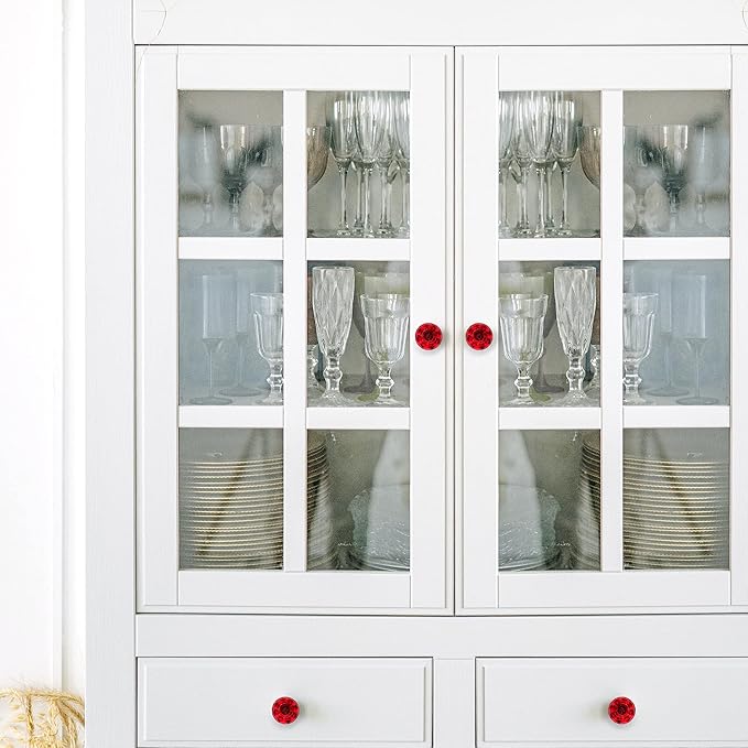 Ravinte 10 Pack Red Crystal Knobs for Dresser Drawers - 30 mm Glass Cabinet Diamond Shaped Knobs With Silver Base