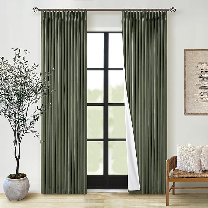 Olive Green Pleated 100% Blackout Linen Curtains 84 Inch Length | Room Darkening by Twodrapes