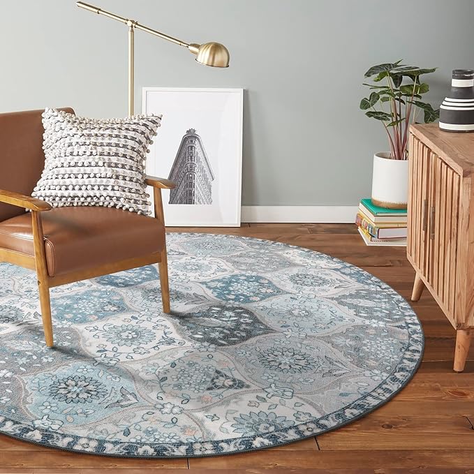 Lahome Moroccan Washable Round Area Rug, Soft Blue Vintage Round Rugs 6ft | - Image 5