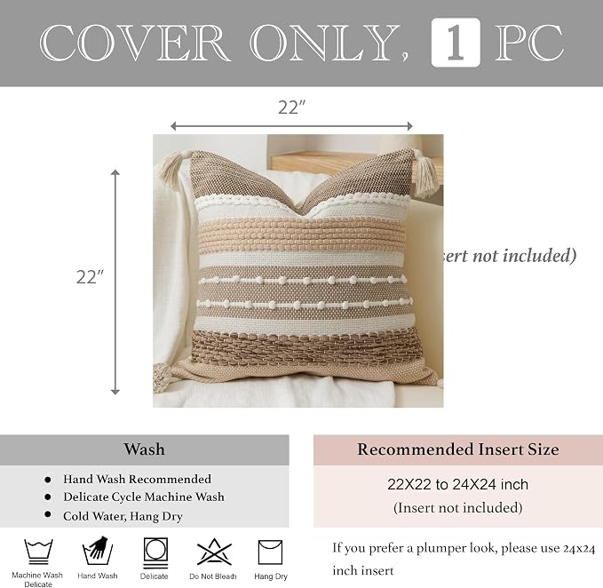 Boho Decorative Throw Pillow Cover 22x22 Square Brown Accent Pillowcase Tassels - Image 4
