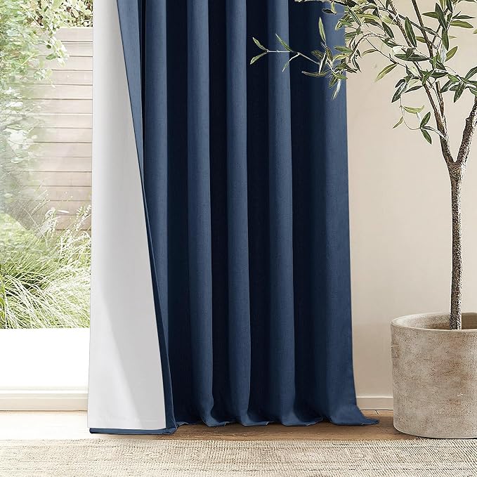 Navy Blue Pinch Pleat 100% Blackout Linen Curtains 2 Layers 45 Inch Long | - Image 8