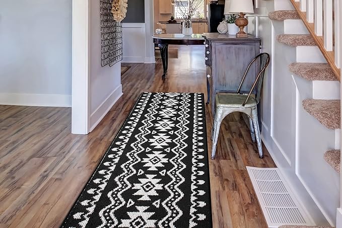 Custom Length Cut to Size Tribal Ethnic Southwestern Inspired Hallway Runner Rug, Non Slip Rubber Backed, 31 inch Wide X Customized Length, Aztec Black, 31 inch X 24 feet