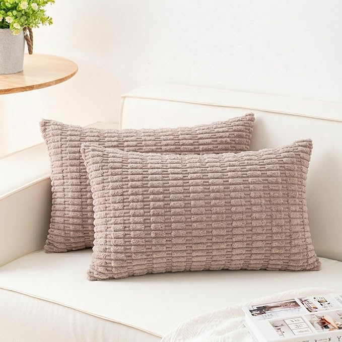 Pack of 2 Corduroy Decorative Throw Pillow Covers 12x20 Inch, Light Brown | by Unknown