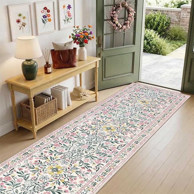 PLHXFR 2x5 Washable Runner Rug：Floral Indoor Kitchen Carpet Pink Green | - Image 2