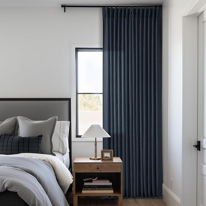 Navy Blue Linen Pinch Pleated Curtains 96 Inches Long 2 Panels | Semi Sheer - Image 7