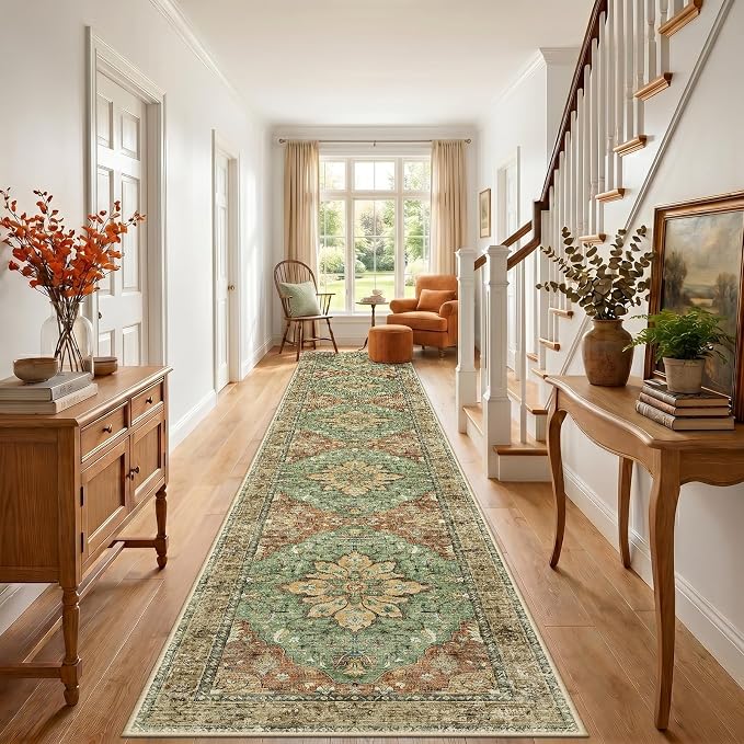 RELEANY Washable Area Rug, Runner 3'x20', Brick/Brown/Green | Non-Slip - Image 3