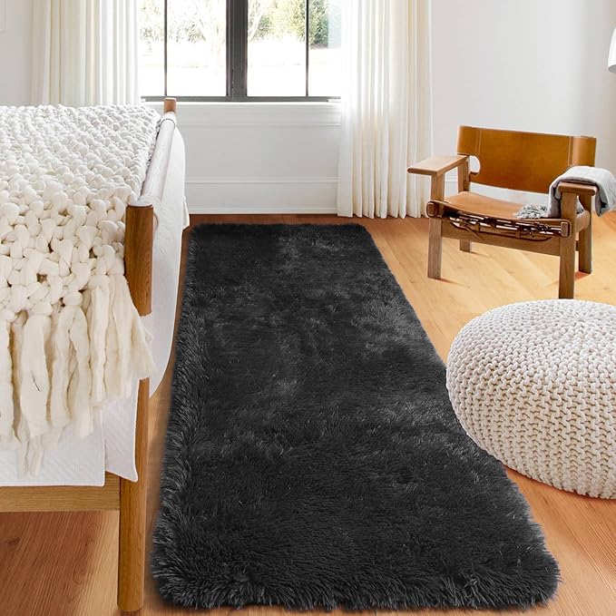 Black Runner Rugs for Bedroom Hallway, Fluffy 2x6 Bedside Soft Area Rug | - Image 2