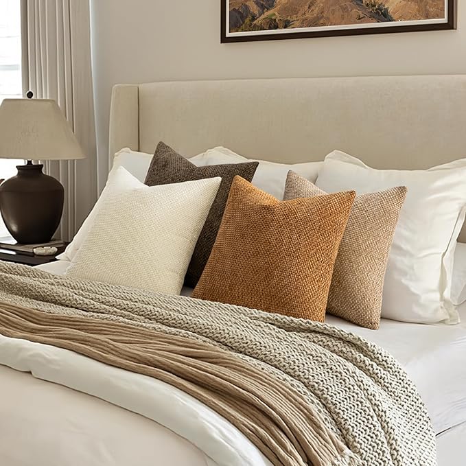 MIULEE Soft Decorative Chenille Fall Pillow Covers Brown 20x20 Pack of 4 | - Image 4