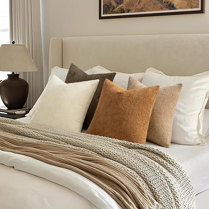 MIULEE Decorative Chenille Fall Euro Pillow Covers Brown 24x24 Pack of 4 | - Image 4