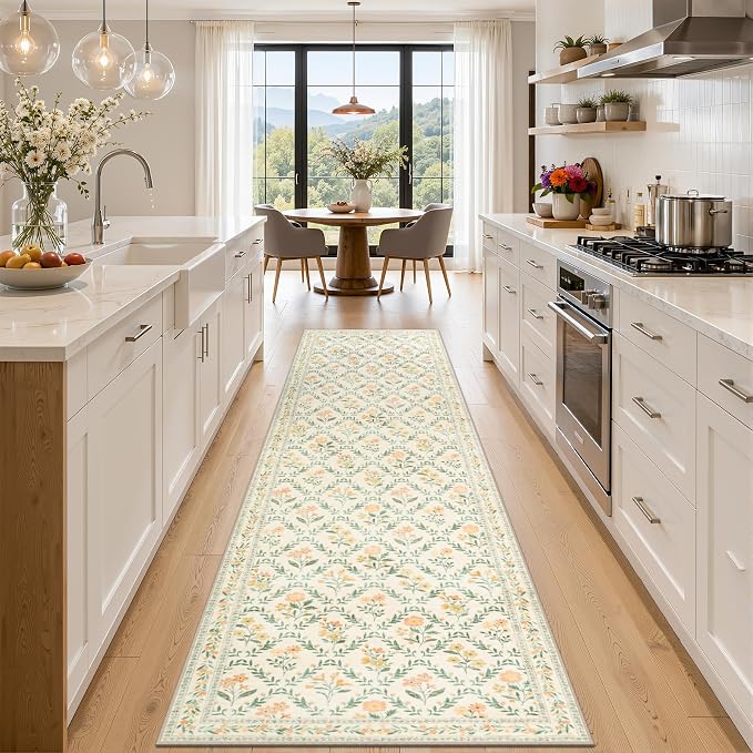 PLHXFR 2.6x10 Washable Runner Rug：Floral Indoor Kitchen Carpet Beige Multi | by PLHXFRSoftAreaRugs