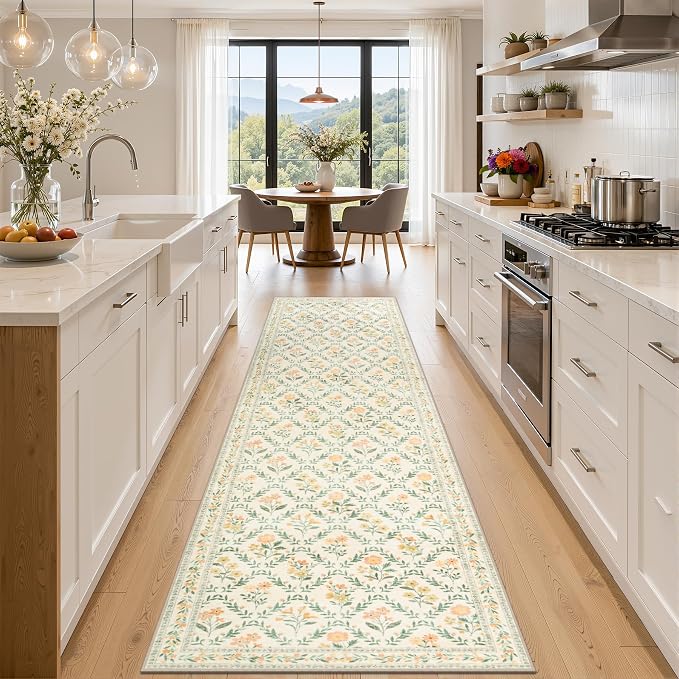 PLHXFR 3x10 Washable Runner Rug：Floral Indoor Kitchen Carpet Beige Multi | by PLHXFRSoftAreaRugs
