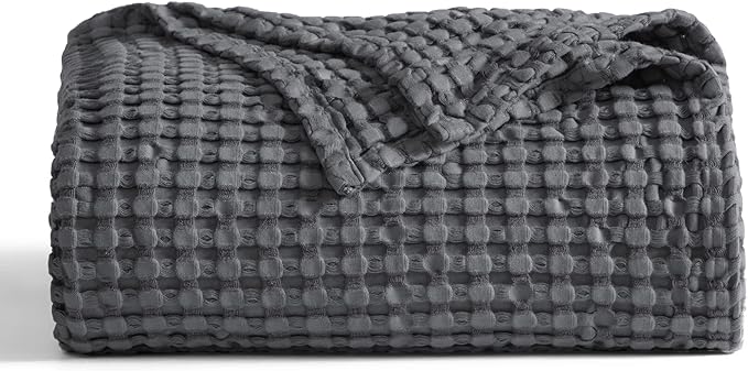 Bedsure Cooling Cotton Waffle Queen Size Blanket - Lightweight Breathable Summer Blanket of Rayon Derived from Bamboo for Hot Sleepers, Luxury Throws for Bed, Couch and Sofa, Dark Grey, 90x90 Inches