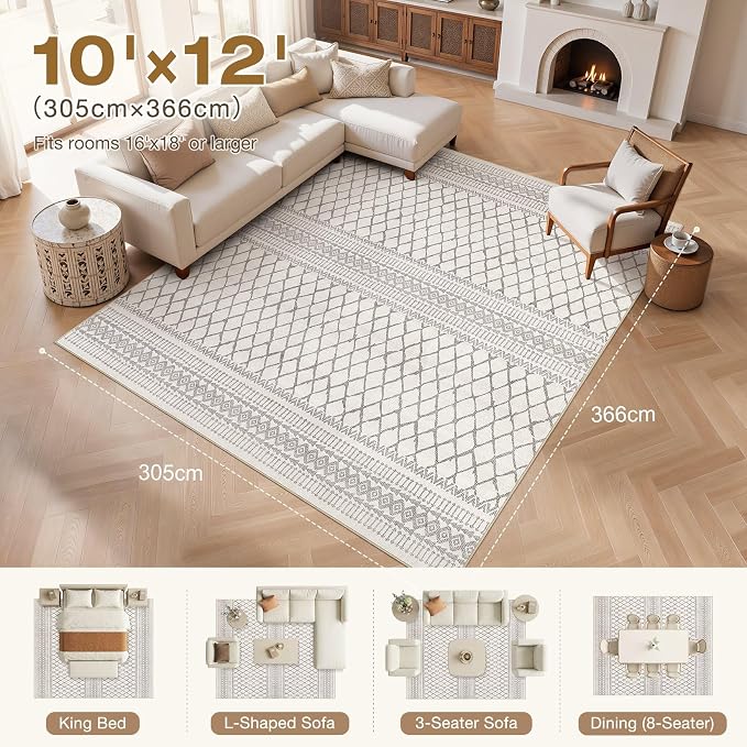 cotiled Boho 10x12 Area Rug for Living Room: Large Moroccan Washable Rug | - Image 8