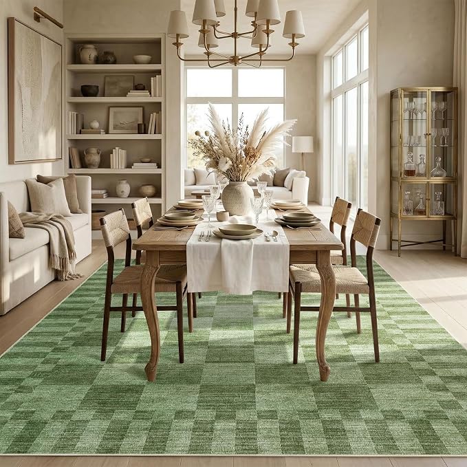 GarveeHome Moss Green Checkered Rug 6x9 Area Rugs Living Room Washable Rug | - Image 4