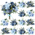 Zeyune 12 Bundles Artificial Peonies Flowers Artificial Silk Rose Faux Dahlia Fake Chamomile Hydrangea Bouquet Bulk for Vase Home Wedding Centerpiece Party Decoration(Indigo,Gradient Blue)