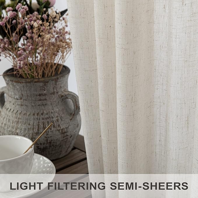 Pitalk Cream Linen Semi Sheer Curtains 34 x 36 Inch Length 2 Panels Lightweight - Image 3