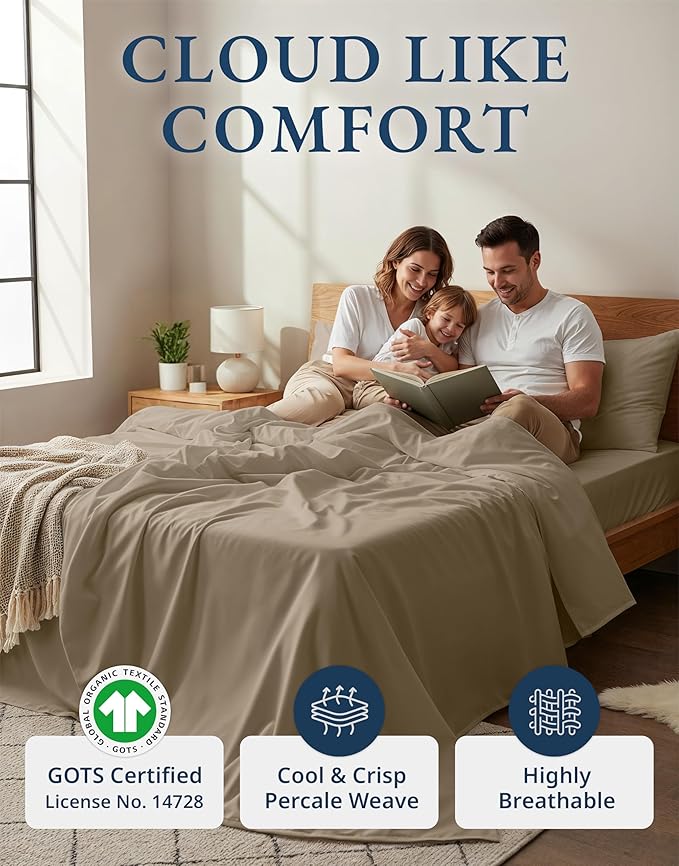 LANE LINEN 100% Organic Cotton Sheets Set Pure Long- Staple Percale Weave - Bedding for Bed Fits Mattress Upto 15in Deep Pocket (Twin Taupe)
