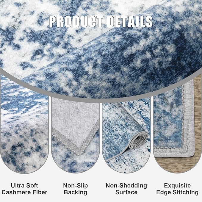 Area Rug Living Room: 5x5 Modern Washable Indoor Soft Carpet Blue | - Image 6
