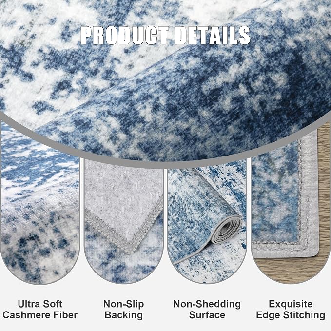 Round Area Rug Living Room: 6 ft Modern Washable Carpet Blue | - Image 5