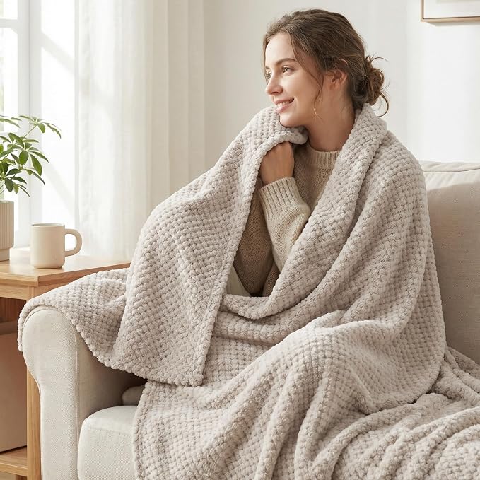 Exclusivo Mezcla Soft Waffle Fleece Bed Blanket King Size, Tan | Lightweight - Image 2