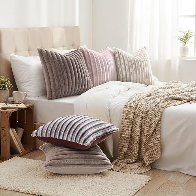 decorUhome Fall Faux Fur Throw Pillow Covers 16x16 Set of 2 Tan | Decorative - Image 6