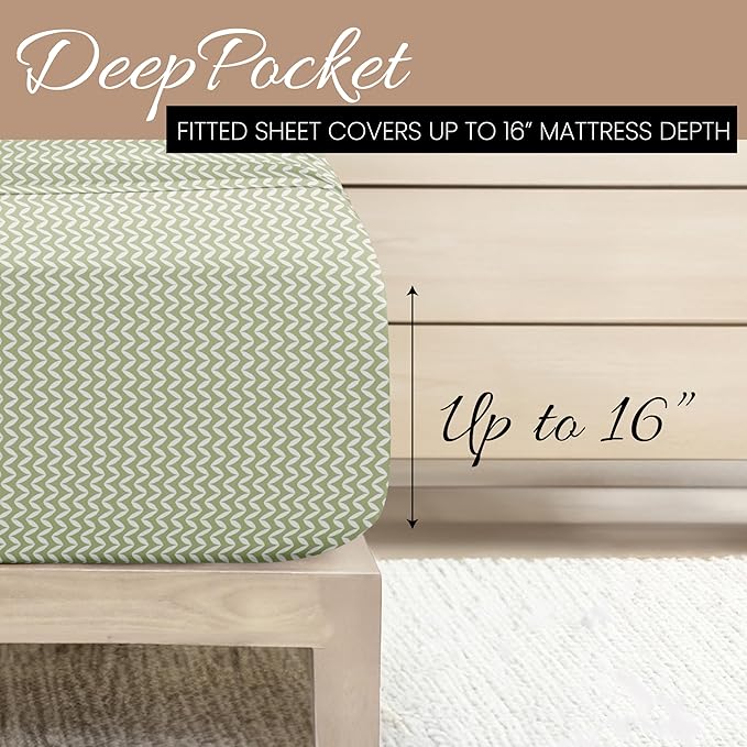 Linen Market Double-Brushed Patterned Microfiber Queen Sheet Set 4 Piece – Oeko-TEX Certified Ultra Soft & Wrinkle-Free - 16" Deep Pocket Sheets - Easy Care Queen Size - Puffed Chevron Sage