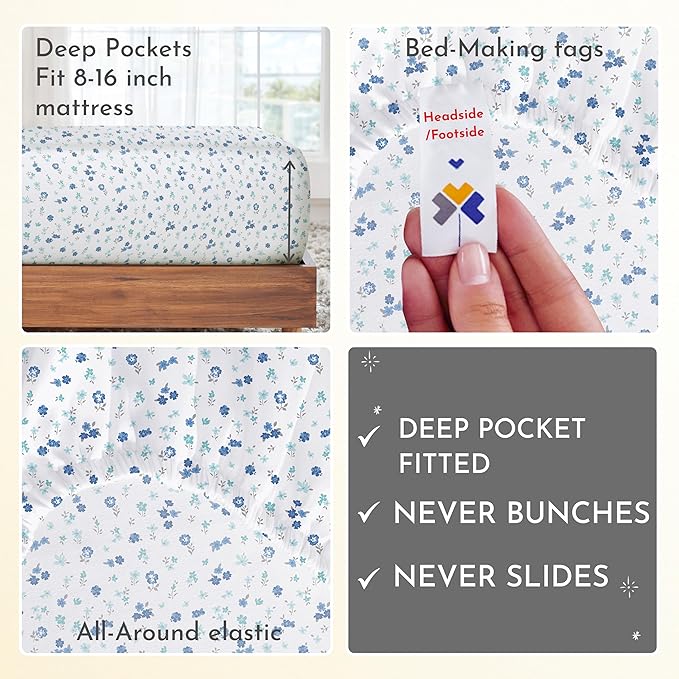 California Design Den Floral Pattern King Size Sheets Set - Luxury 400 Thread Count Sateen, Natural 100% Cotton Sheets, Deep Pockets, Cooling and Durable Bedding Set - Blooming Meadows