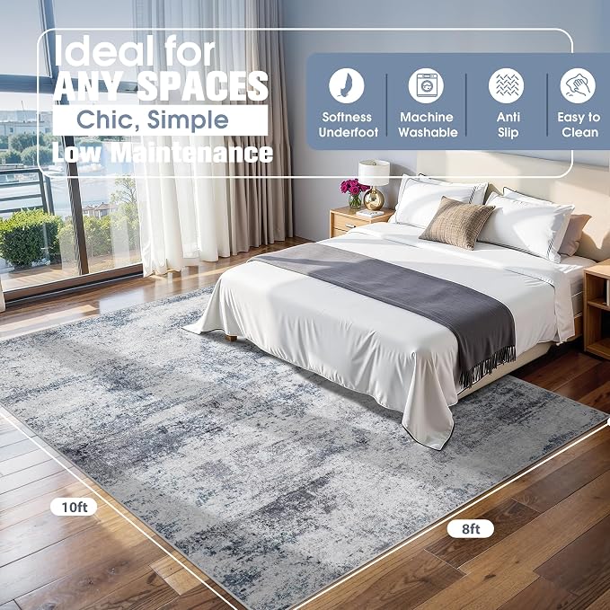 8x10 Area Rugs for Living Room Washable Bedroom Dining Room Blue Grey | Modern - Image 2