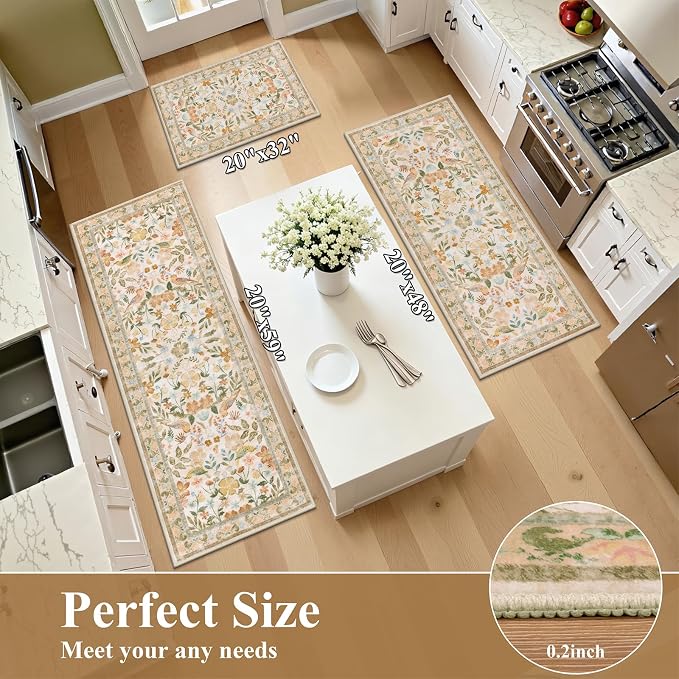 HEBE Boho Kitchen Rugs Set of 3, Non Slip Washable Kitchen Mats - Image 2