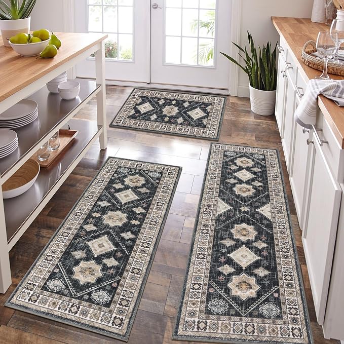 HEBE Boho Kitchen Rugs Set of 3, Non Slip Washable Kitchen Mats by HEBE