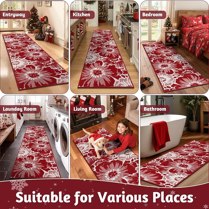 Findosom Christmas Runner Rug 2x8, Non Slip High-Low Textured Floral Washable - Image 9