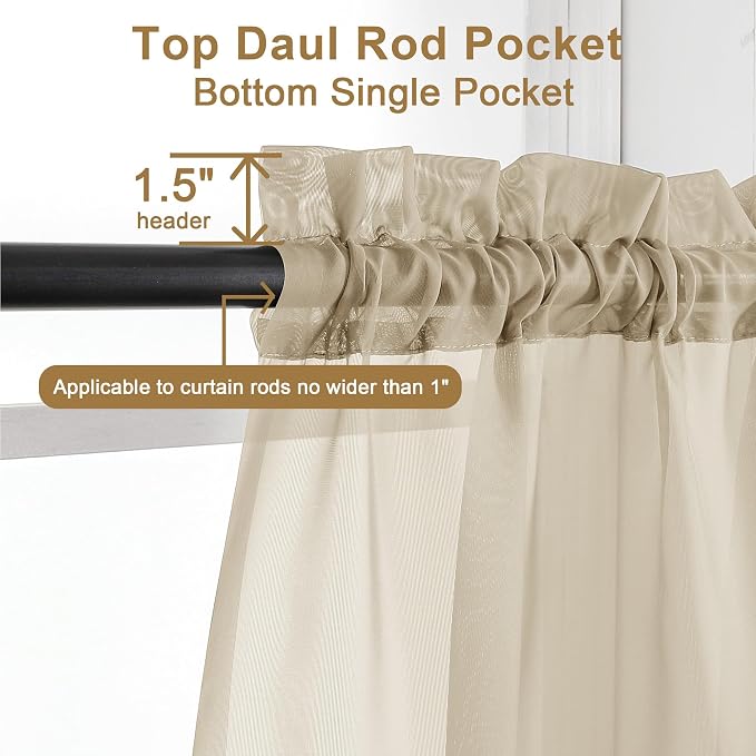 Chyhomenyc Sheer Curtains 63 Inch Length 2 Panels, Taupe | Light Filtering - Image 3