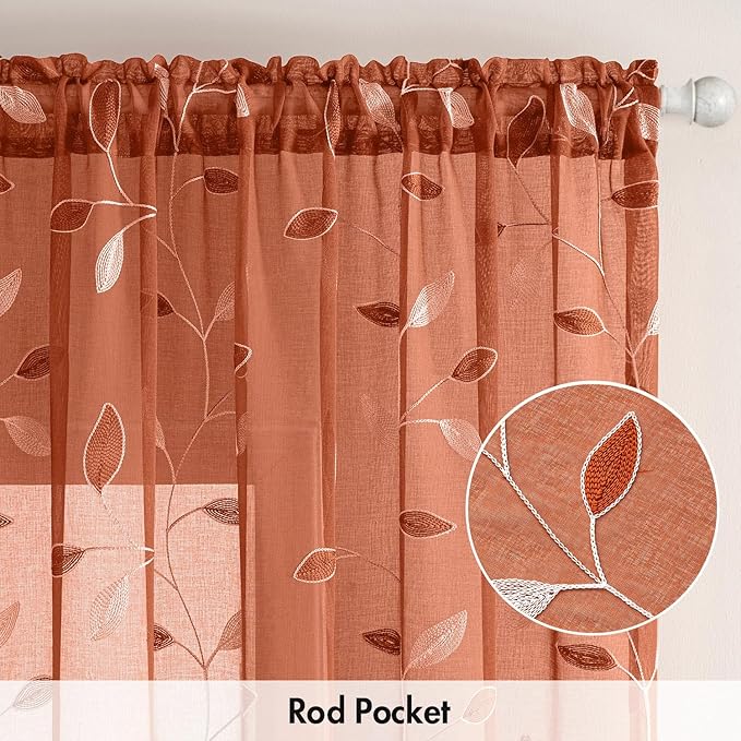 MIULEE Burnt Orange Sheer Fall Curtains 2 Panels Leaf Patterned, W52 x L84 | - Image 6