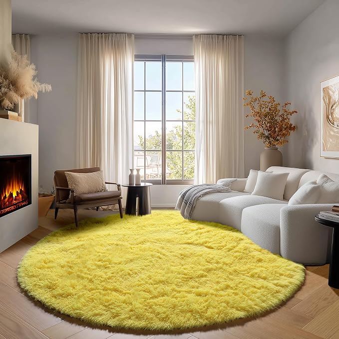 Yellow Round Rugs 5ft for Bedroom Living Room, Fluffy Circle Area Rug for Kids - Image 3