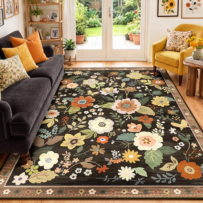RELEANY Floral Washable 5x7 Area Rugs Black/Yellow | Flower Carpet Print Boho by RELEANY
